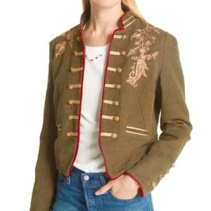 Free people military jacket embroidered open front gold trim XS